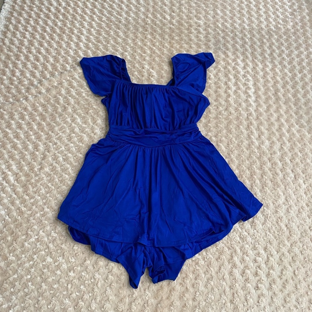 New Women 2XL Rompers Short Sleeve Ruffle Layer Square Neck, back Ribbon Tie - Picture 3 of 9